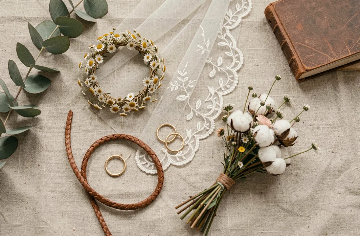 Flat-lay d'accessoires de mariage bohème sur tissu lin brut : couronne florale, voile brodé et ceinture tressée