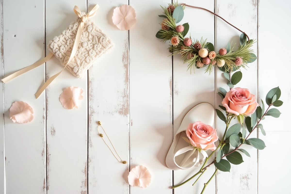 Accessoires mariage bohème pas cher : couronne florale, clutch dentelle et ballerines ivoire