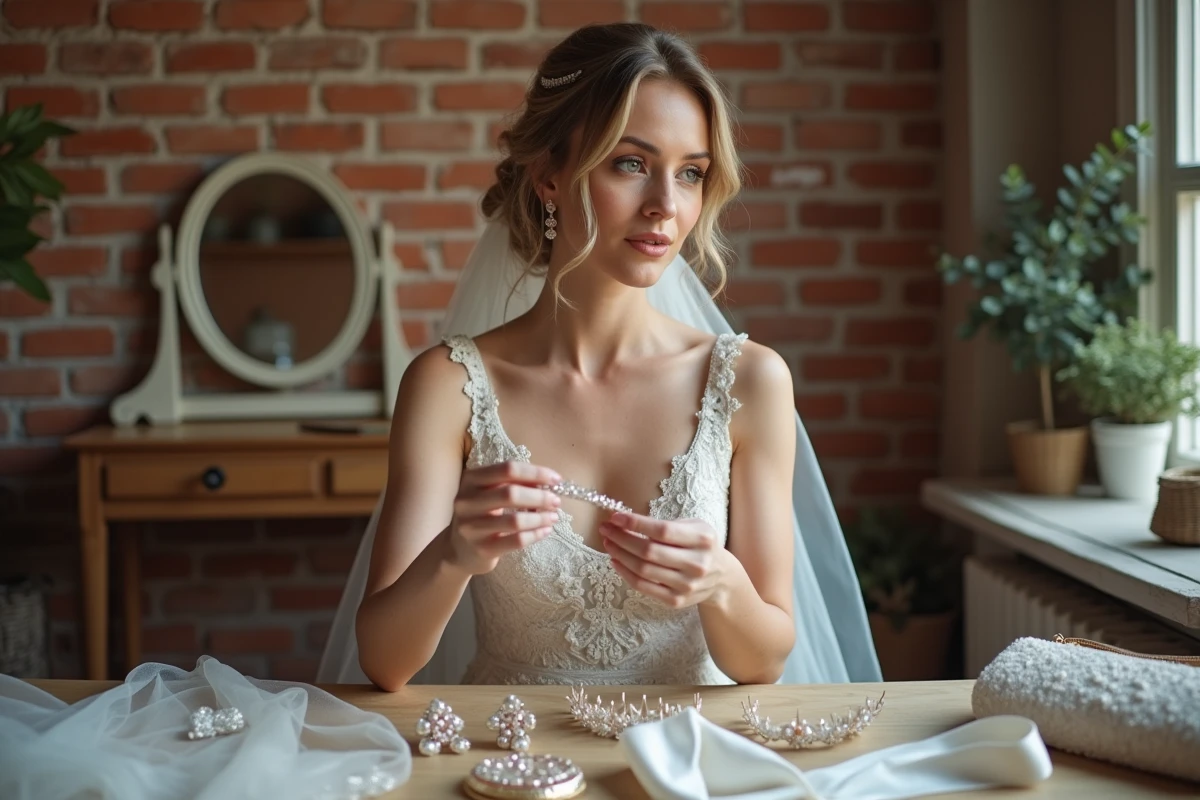 Mariée en robe de dentelle blanc assise devant une coiffeuse vintage comparant des accessoires de mariage comme tiare, voile et boucles d'oreilles perles pour optimiser son budget
