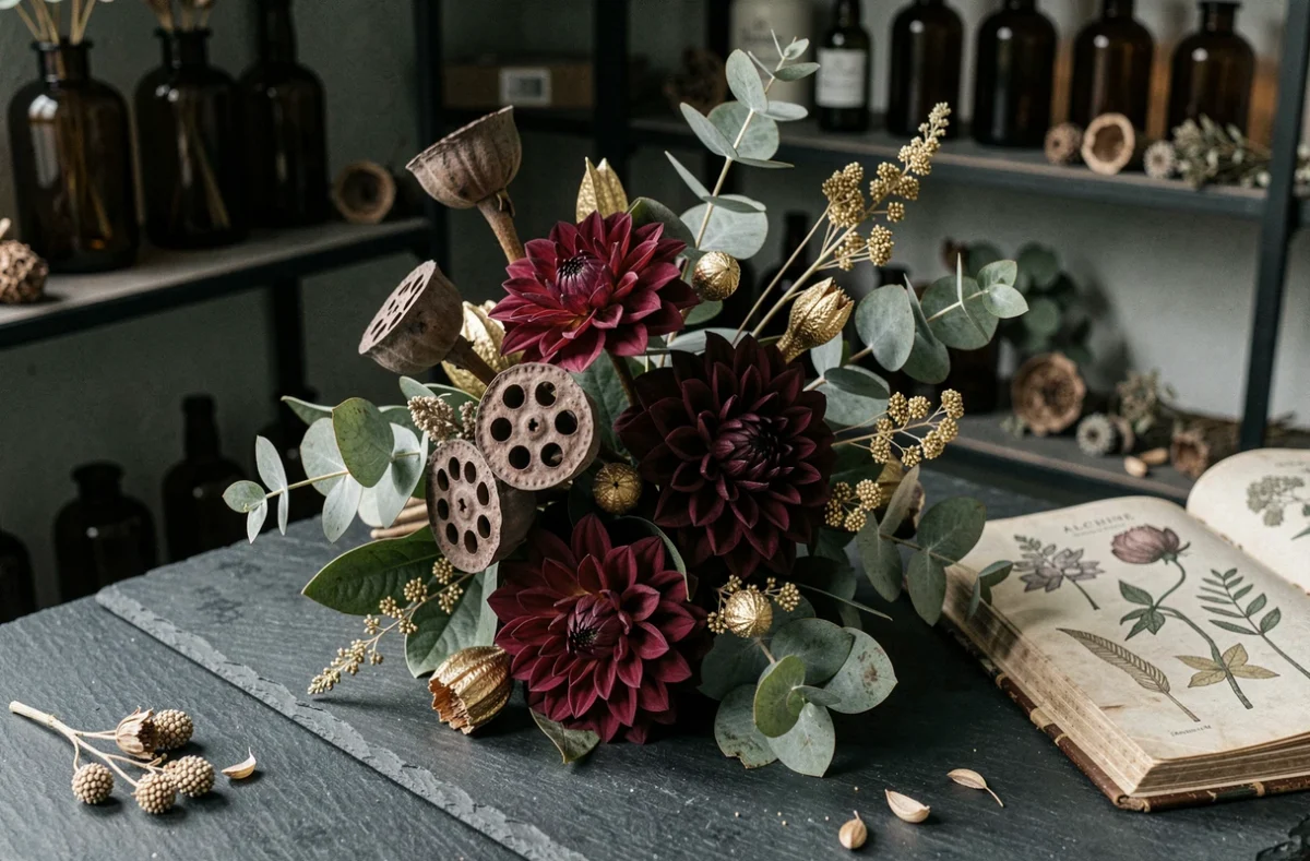 Bouquet de mariage Alchimie à Lille avec dahlias bordeaux, gousses de lotus séchées et feuillage fumé sur ardoise dans un studio floral sombre