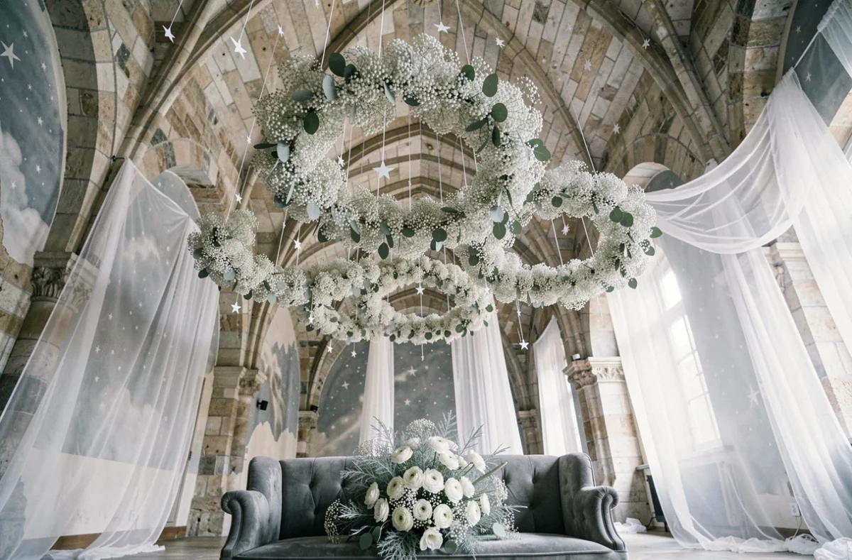 Installation florale céleste pour Alice Le mariage des étoiles à Lille avec cerceaux de gypsophile suspendus et bouquet de renoncules blanches sur banquette