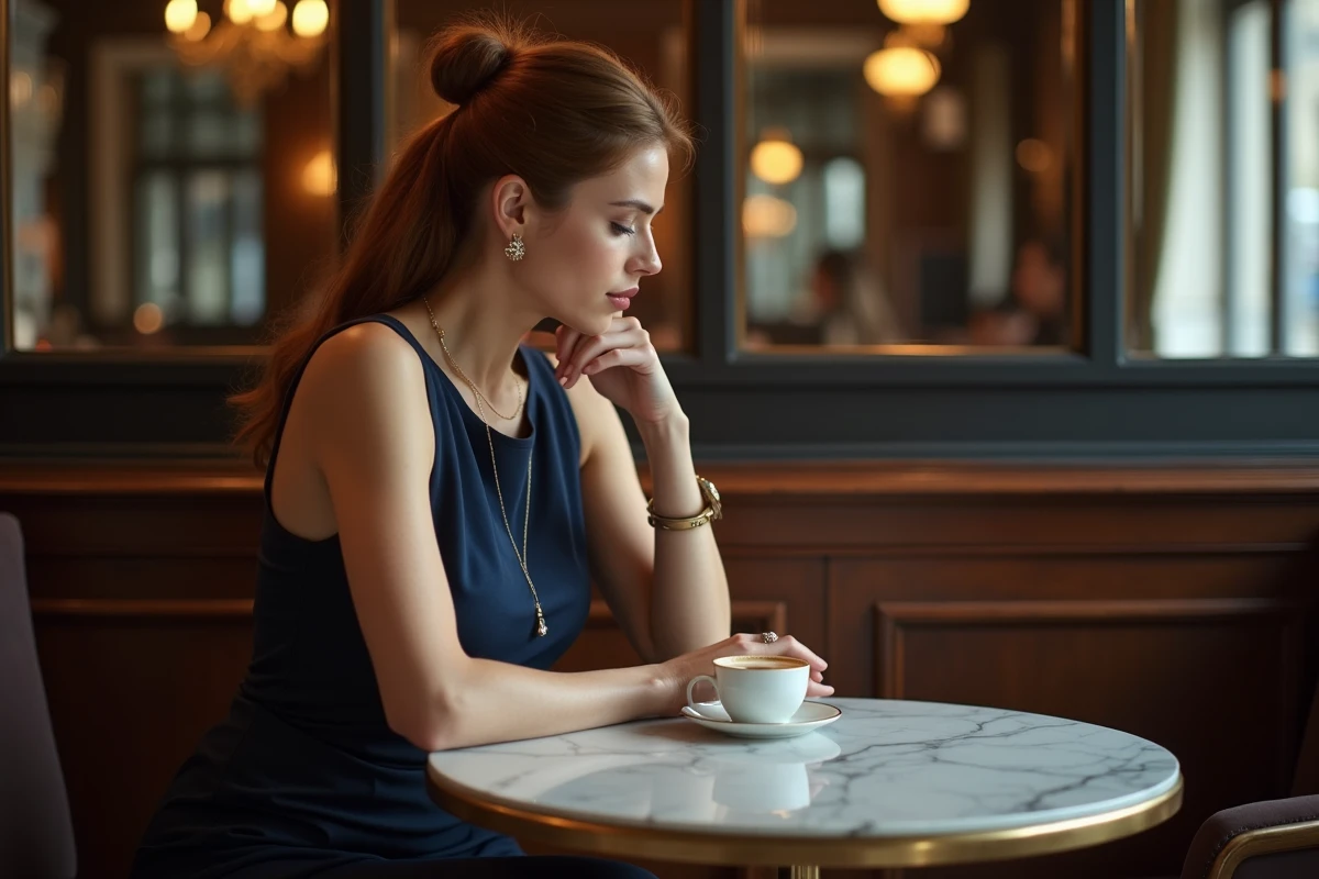 Femme discrète attablée dans une brasserie parisienne, illustrant une apparition rare en couple