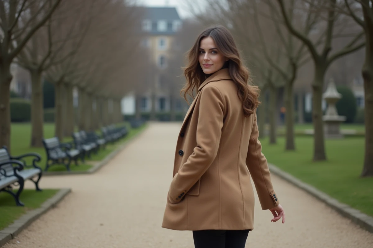 Femme en manteau camel marchant dans un parc parisien, photo candide illustrant la discrétion d'Alicia Dauby en couple