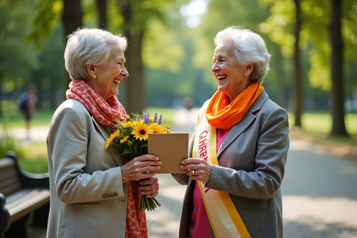 Deux femmes souriantes échangeant carte anniversaire