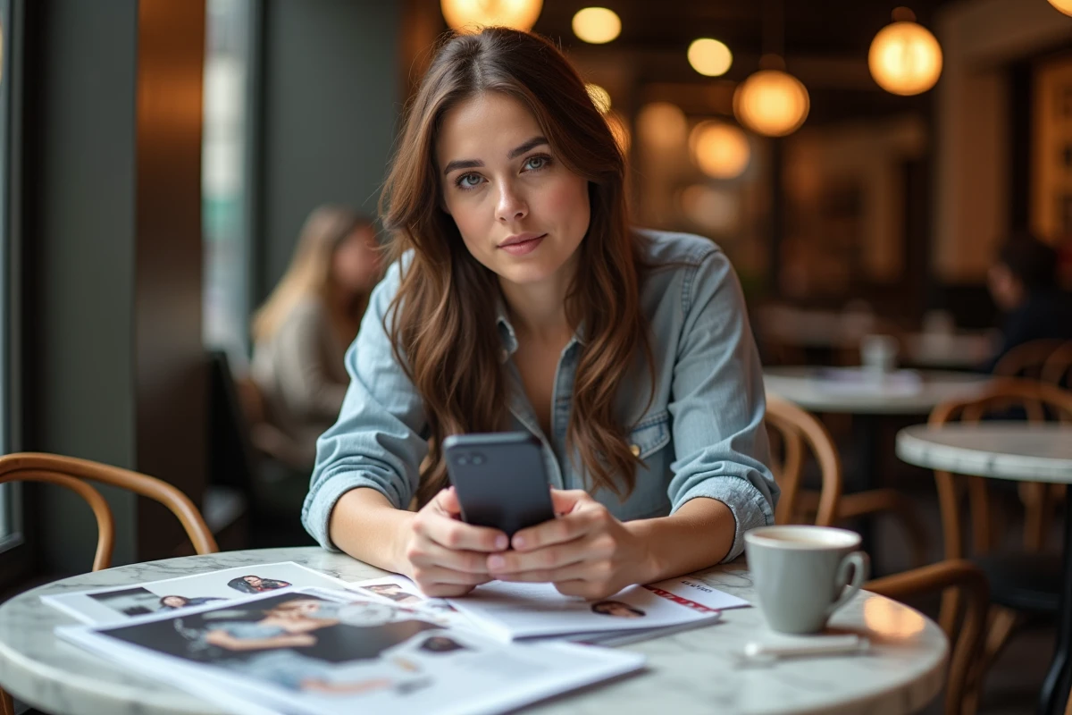 Femme analysant des lookbooks de marques féminines et réseaux sociaux dans un café urbain