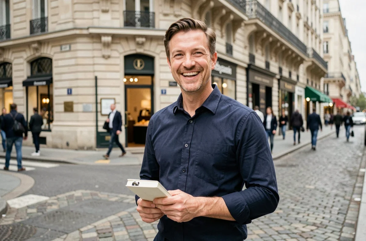 Animateur de télévision souriant dans une rue parisienne pavée après une sortie médiatique, ambiance reportage authentique