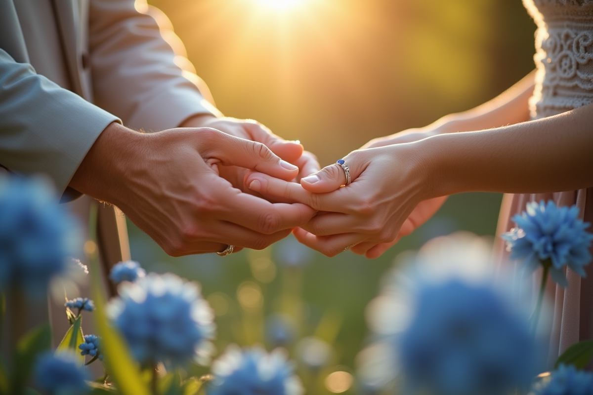 Couple de quarantenaires échangeant des alliances en jardin