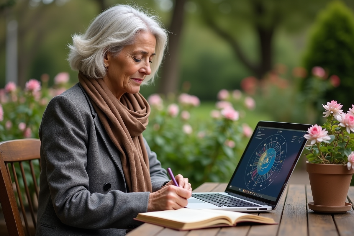 Astrologue étudie un graphique dans un jardin fleuri