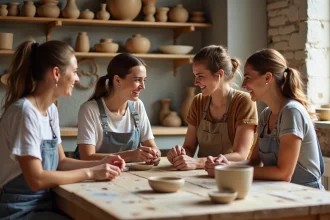 Femmes en atelier de poterie souriantes et créant des objets