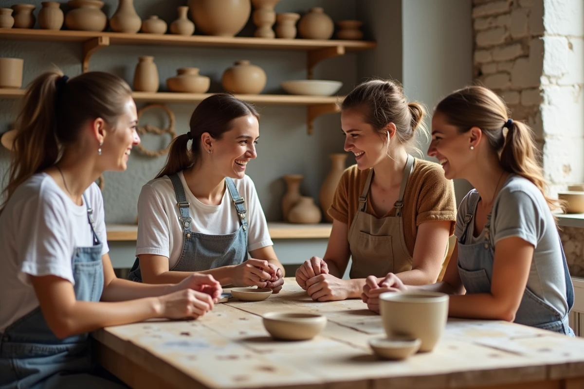 Femmes en atelier de poterie souriantes et créant des objets