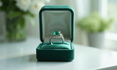 Bague en émeraude élégante dans une boîte en velours blanc