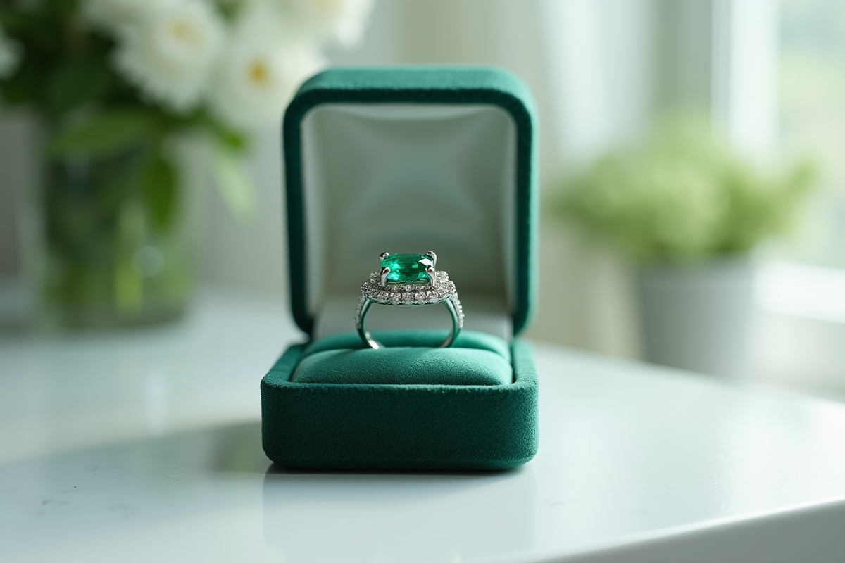 Bague en émeraude élégante dans une boîte en velours blanc