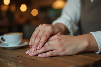Deux femmes tenant leurs mains entrelacées avec une bague de PACS et une alliance classique posées sur une table en bois