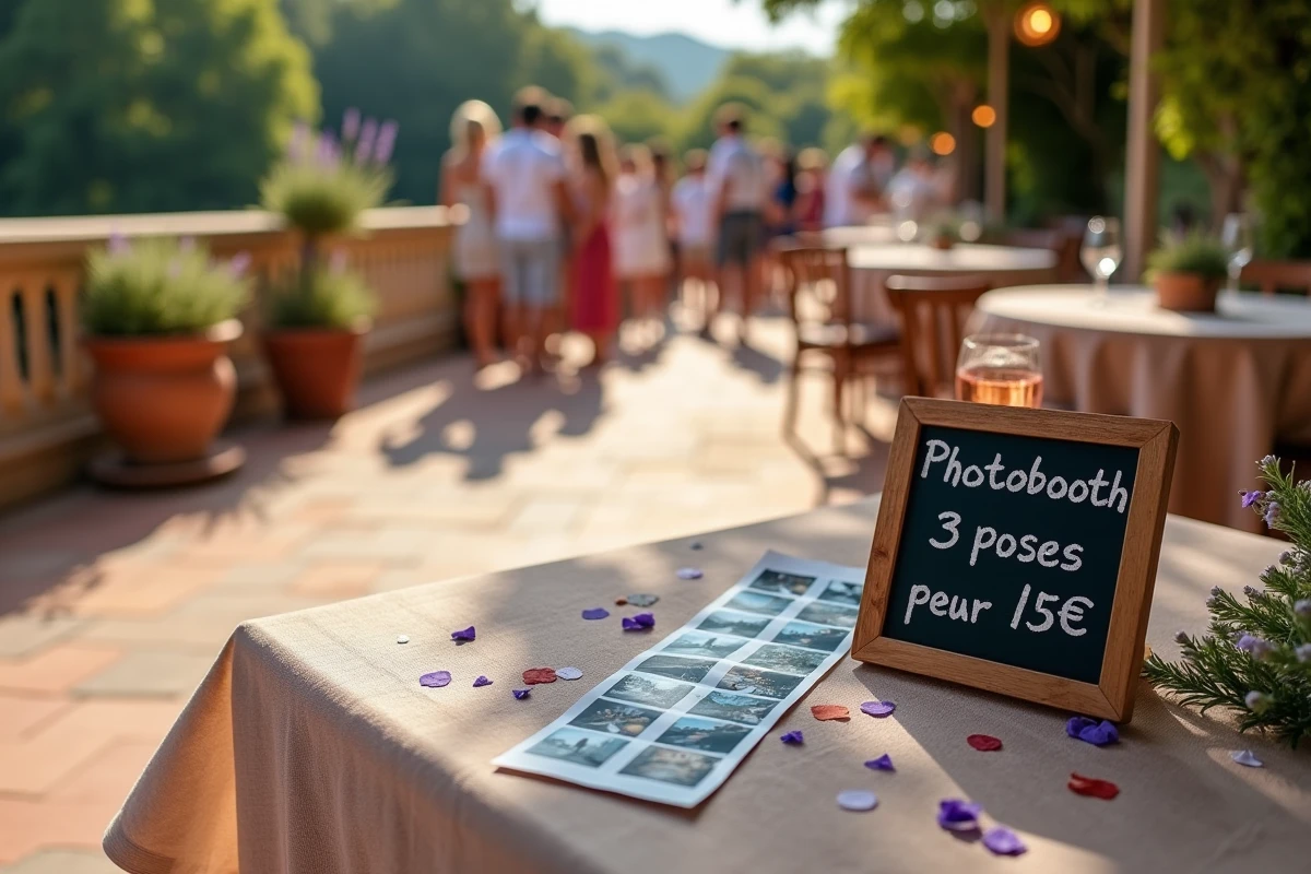 Bande photo imprimée d'un photobooth posée sur une table lors d'une fête de jardin en Provence avec tarif affiché