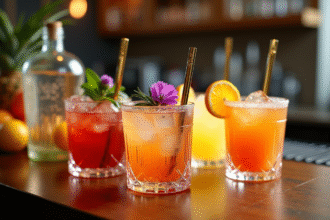 Bar de mixologie avec cocktails colorés et garnitures créatives