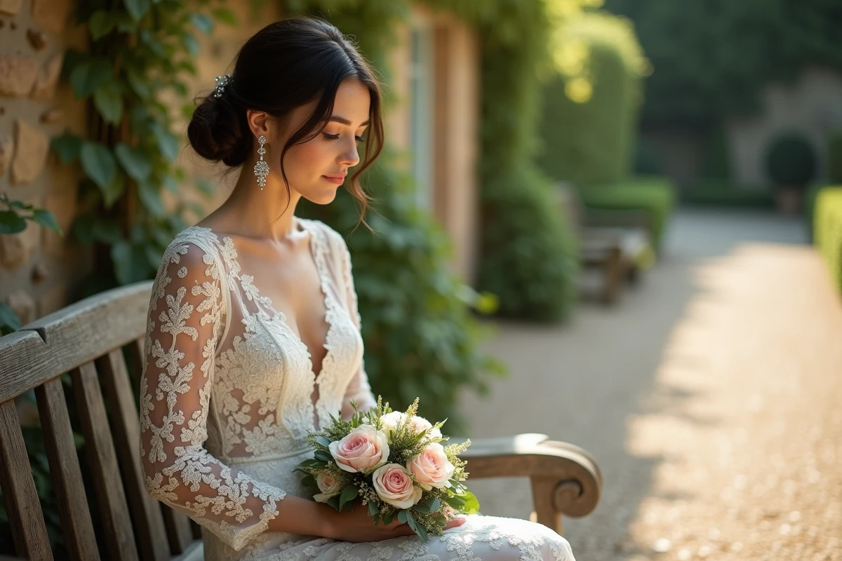 Mariée brune en robe de dentelle assise dans un jardin de château portant des boucles d'oreilles chandelier vintage diamants et saphirs roses valorisant son teint en photo