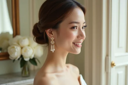Mariée portant des boucles d'oreilles pendantes en perles et filigrane doré, mise en valeur par un chignon élégant lors d'une séance photo mariage chic à Paris