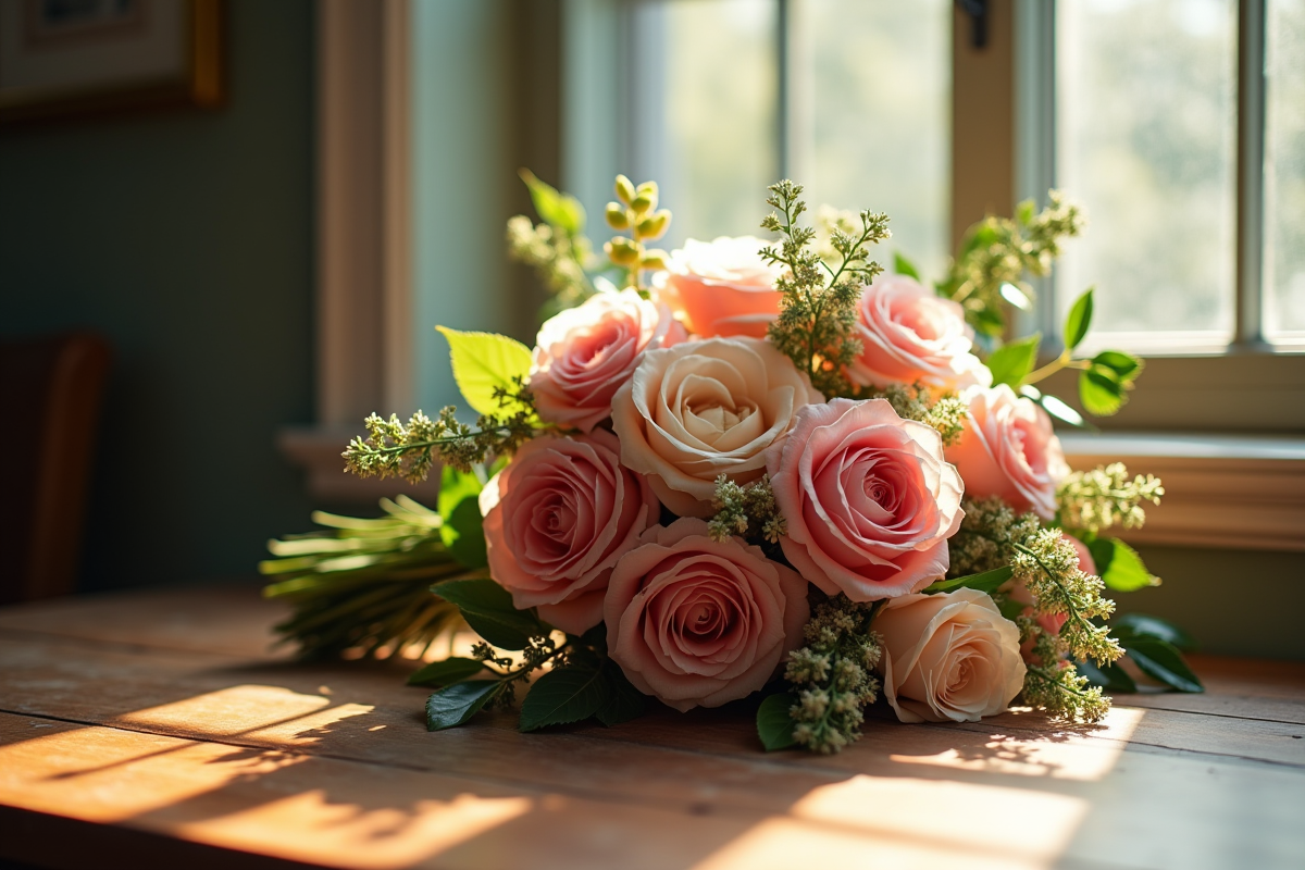 Premier plan d un bouquet floral sur une table en bois