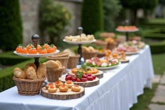 Table buffet froid mariage élégante en plein air avec plateau de canapés, saumon fumé et charcuterie pour 50 personnes