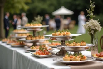 Buffet traiteur mariage en extérieur avec plateau argenté garni de canapés élégants pour un mariage en 2026