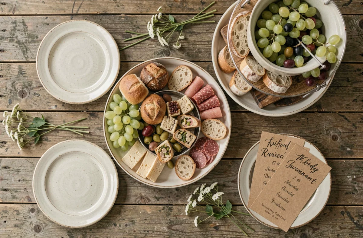 Vue du dessus d'un buffet de vin d'honneur DIY avec plateau de charcuterie, petits fours et décoration rustique sur table en bois