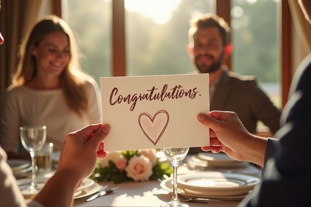 Carte de felicitations tenue par un couple lors d’un repas de mariage