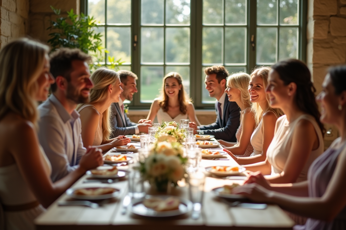 Invités de mariage dansant autour d'une table rustique