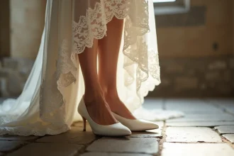 Chaussures blanches en satin à talon bas portées avec une robe de mariée en dentelle sur un sol en pierre d'église