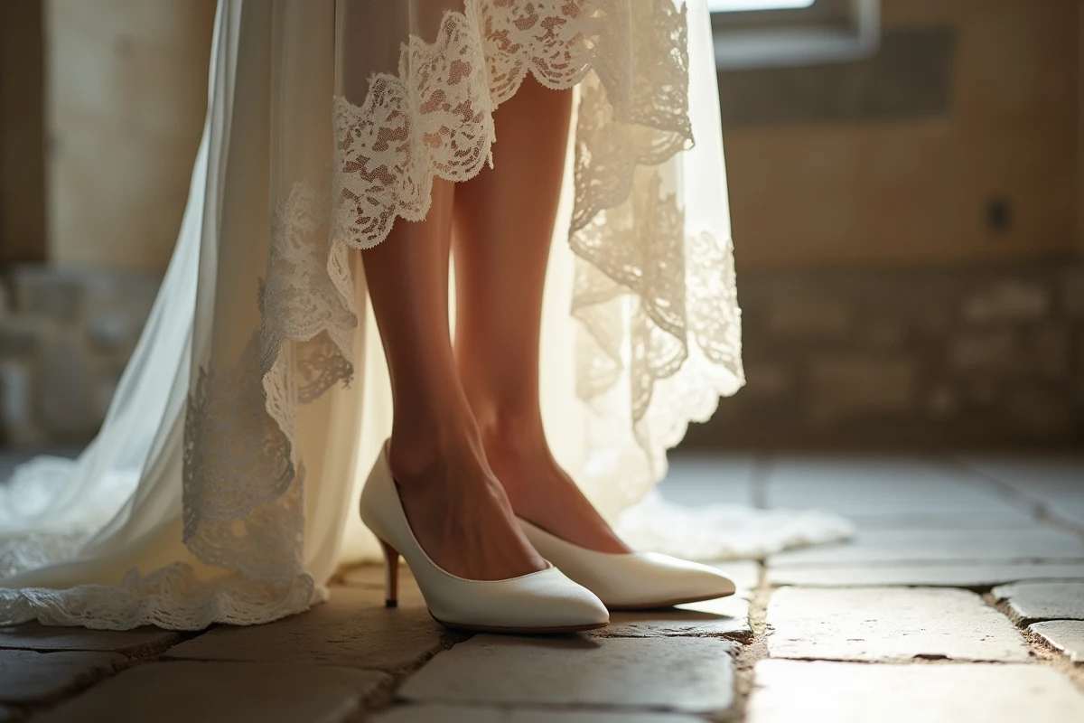 Chaussures blanches en satin à talon bas portées avec une robe de mariée en dentelle sur un sol en pierre d'église