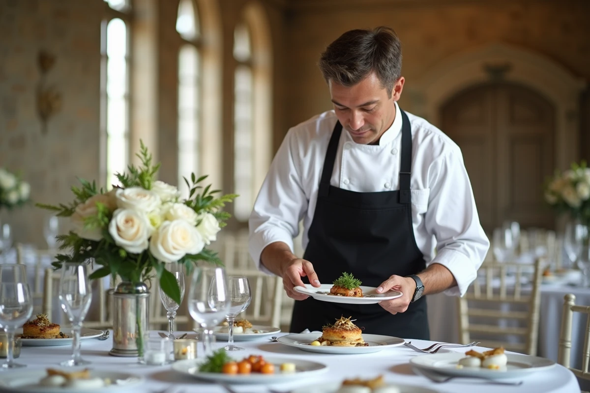 Chef traiteur professionnel en costume blanc dressant une assiette raffinée lors d'un mariage dans un château français