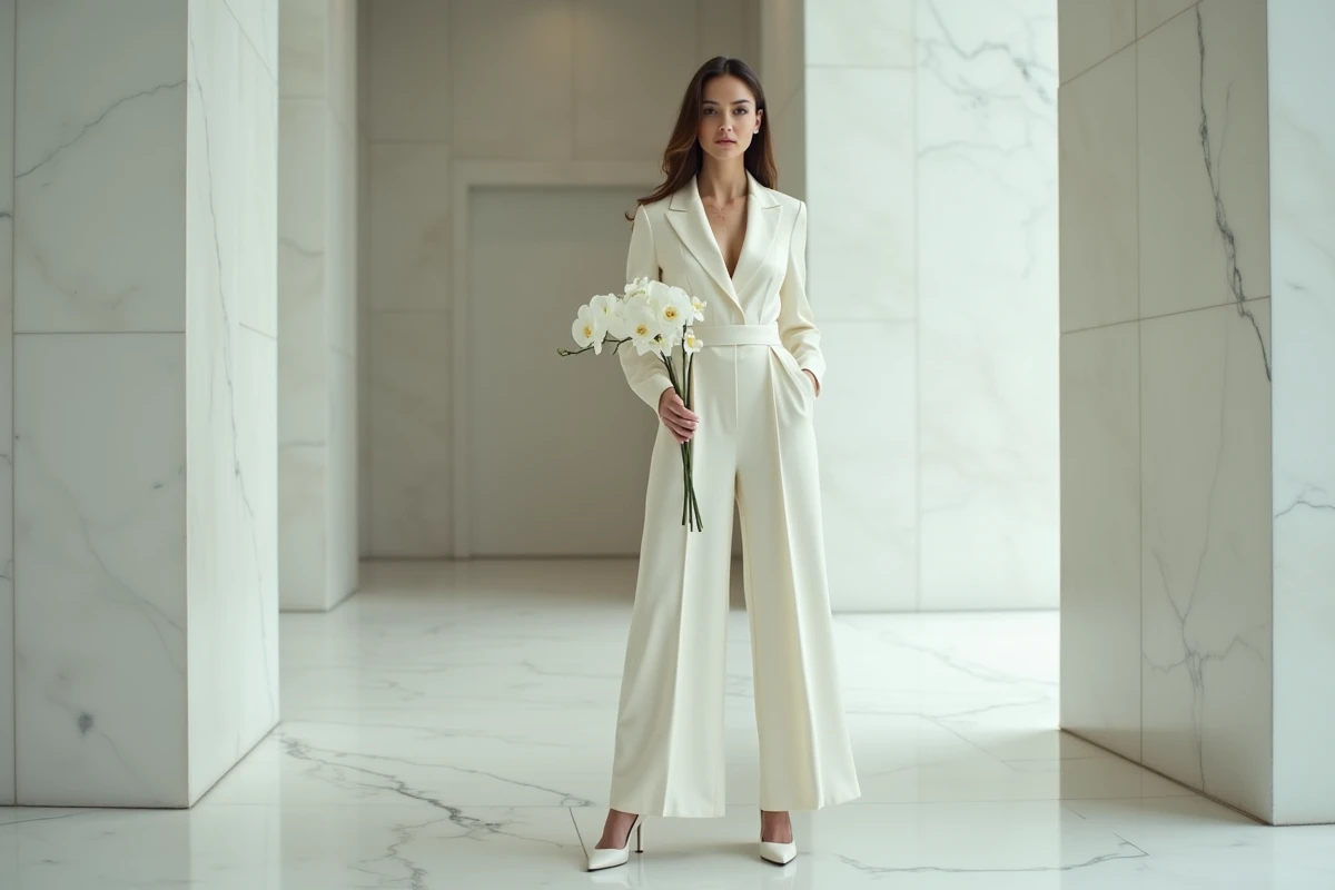 Femme en combinaison chic ivoire pour un mariage civil moderne dans une mairie minimaliste