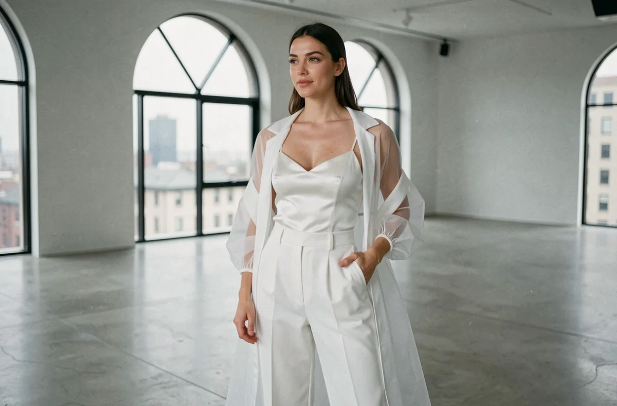 Mariée en combinaison blanche avec veste en organza dans un lieu moderne aux grandes fenêtres arquées