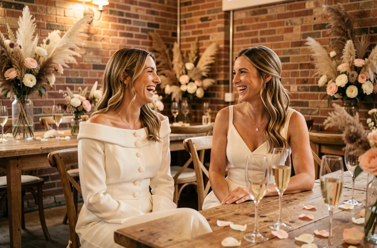 Mariée en combinaison blanche palazzo et son amie dans une salle de réception en briques avec décoration florale séchée