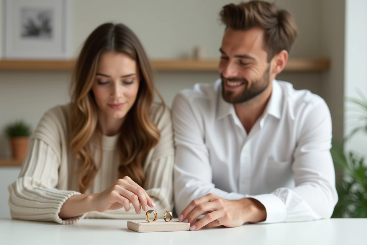 Couple hétérosexuel comparant une bague de PACS et une alliance classique posées sur un plateau en velours dans un intérieur moderne
