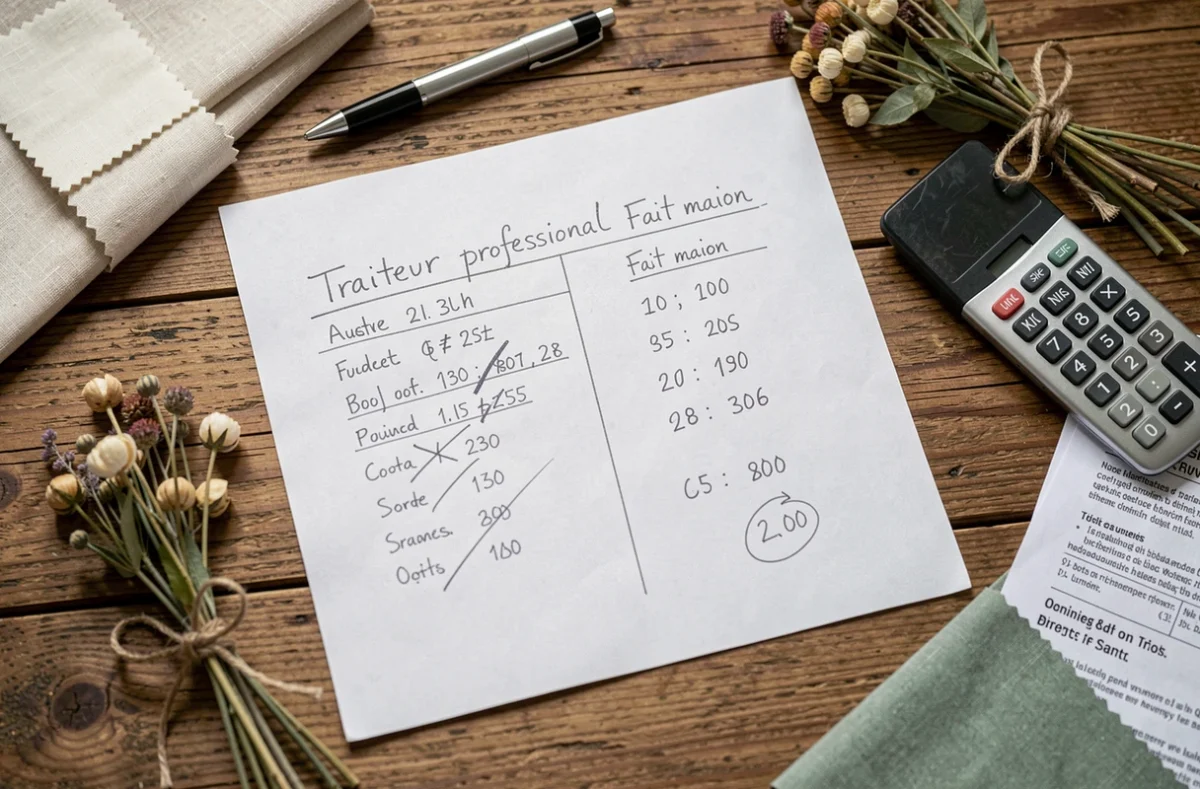 Comparaison manuscrite des coûts entre traiteur professionnel et cuisine maison pour un mariage