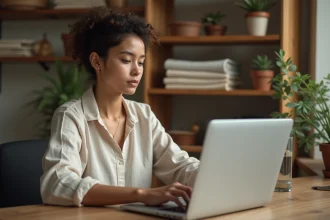 Jeune femme comparant des marques de vêtements féminins sur un ordinateur portable dans un bureau à domicile chaleureux