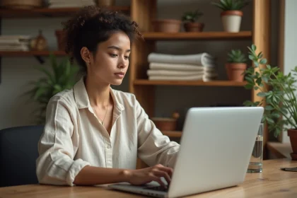 Jeune femme comparant des marques de vêtements féminins sur un ordinateur portable dans un bureau à domicile chaleureux