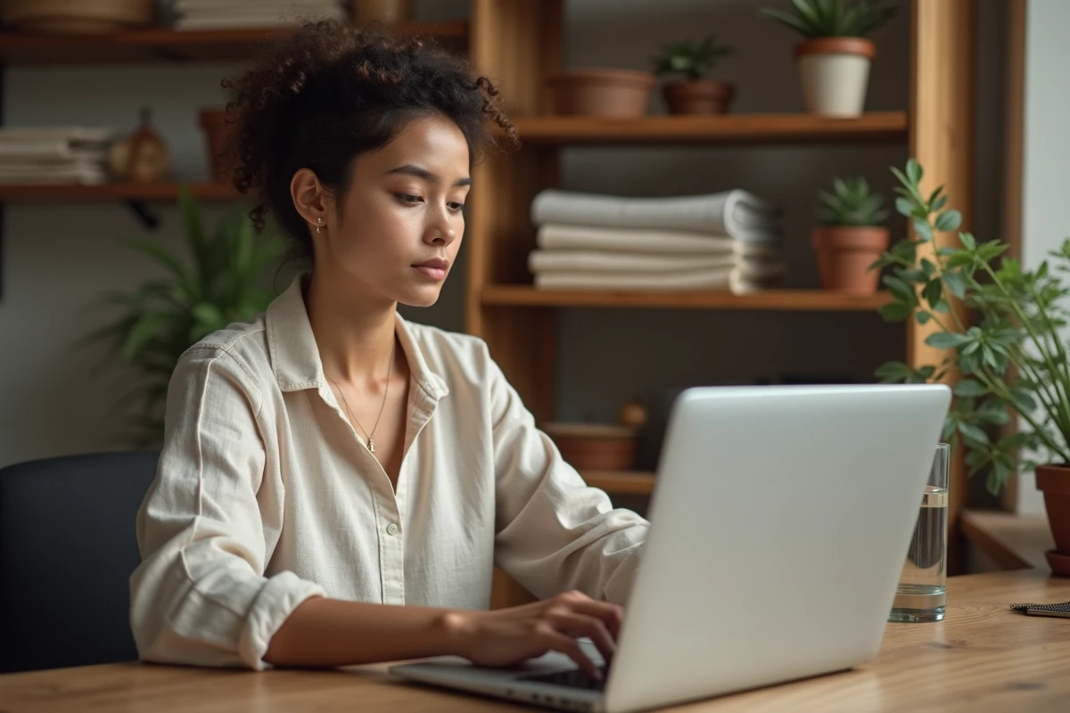 Jeune femme comparant des marques de vêtements féminins sur un ordinateur portable dans un bureau à domicile chaleureux