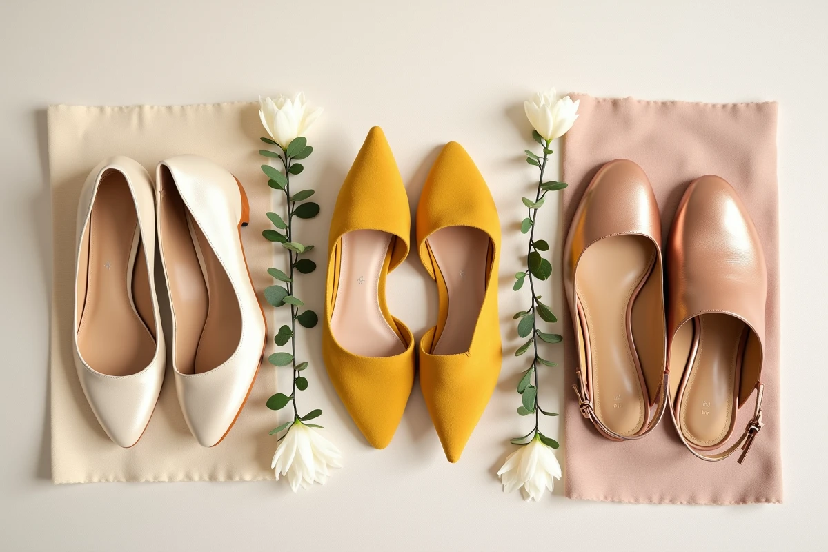 Comparaison de nuances de chaussures de mariée dorées en flat-lay, trois tons d'or champagne, jaune et rose-gold avec échantillons de teintes de peau sur lin ivoire