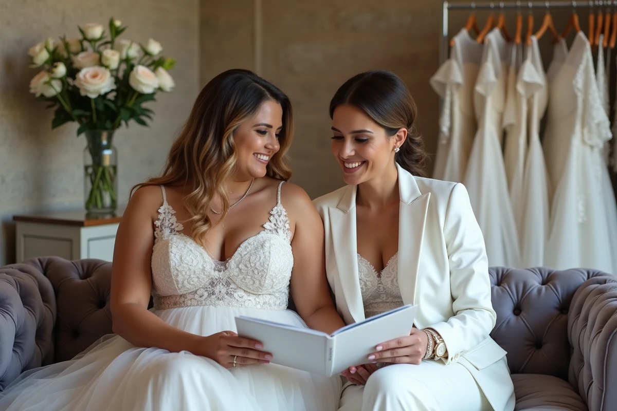Consultante en mariage aidant une future mariée grande taille à choisir sa robe dans un salon de mariage à Bordeaux