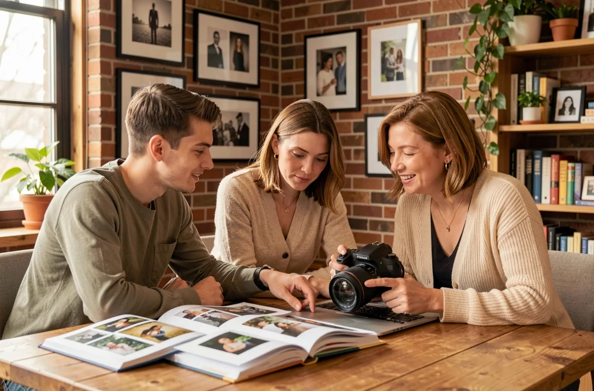 Consultation entre un couple et une photographe pour choisir un prestataire photo à Tournefeuille