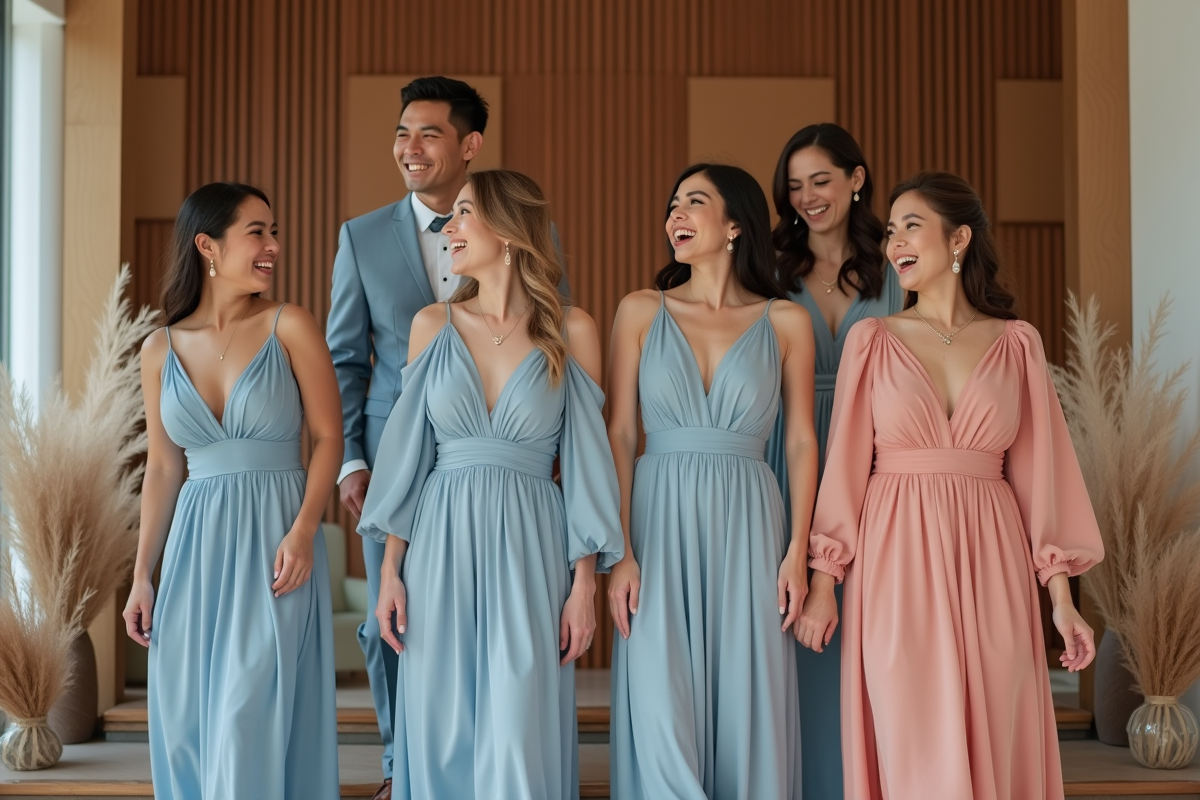 Groupe de témoins en tenues pastel lors de la réception