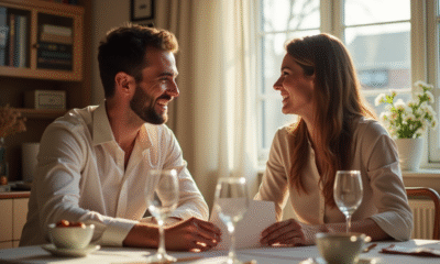 Couple souriant échangeant cartes d anniversaire à table élégante