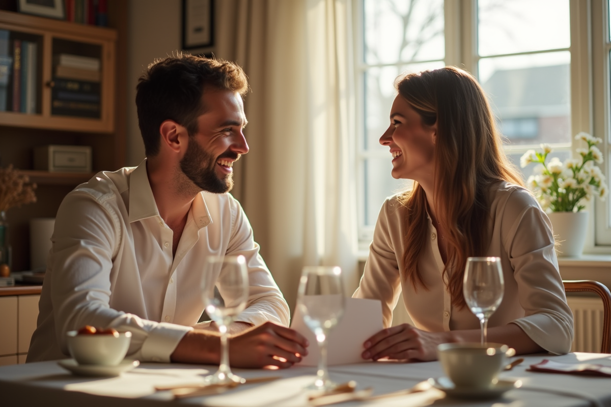 Couple souriant échangeant cartes d anniversaire à table élégante
