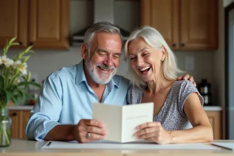Couple de 60 ans riant avec carte anniversaire