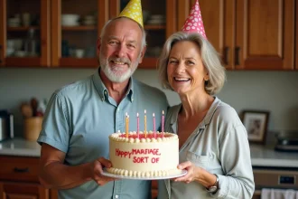 Couple souriant avec gâteau fait maison pour anniversaire de mariage
