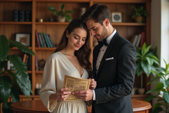 Jeune couple consulte un thème astral dans un bureau chaleureux