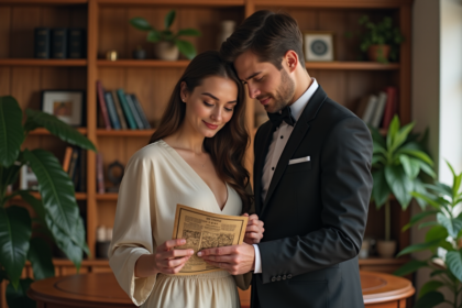 Jeune couple consulte un thème astral dans un bureau chaleureux