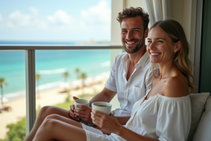 Jeune couple souriant sur un balcon face à la plage tropicale