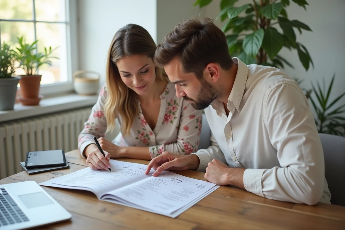 Couple de futurs mariés consultant un devis traiteur mariage avec brochure et tarifs pour 2026